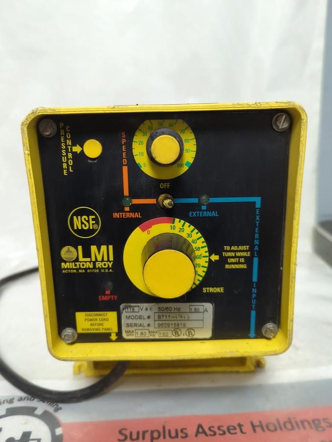 Used MILTON ROY,B711-191S,CHEMICAL METERING PUMP 115VAC 50/60HZ 1.5A USED