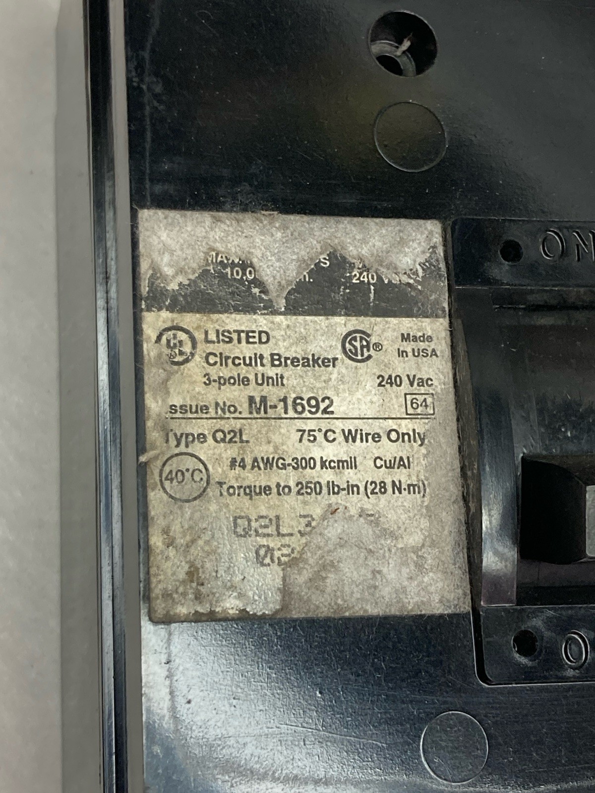 Used Square D,M-1692,Type Q2L 3-Pole Circuit Breaker 125A 240Vac
