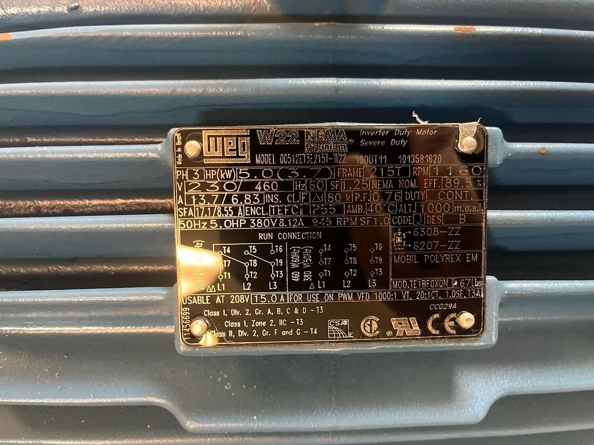 WEG,00512ET3E215T-W22,SEVERE DUTY MOTOR 5HP 1160RPM 3PH 215T