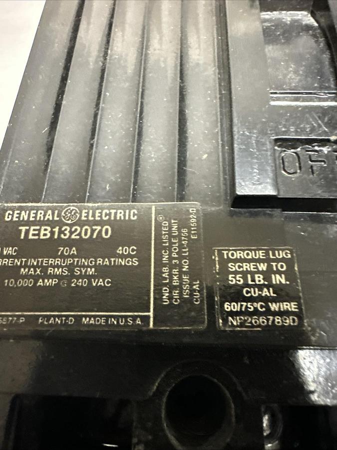 Used GE,TEB132070,70 Amp 3 Pole Molded Circuit Breaker