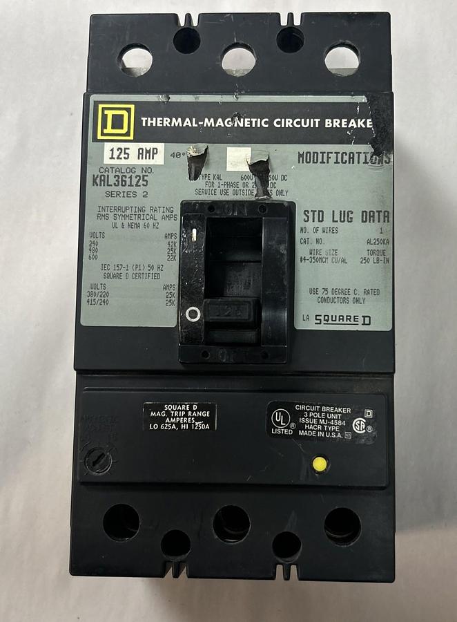 Used SQUARE D,KAL36125,CIRCUIT BREAKER 125A 600V 3P