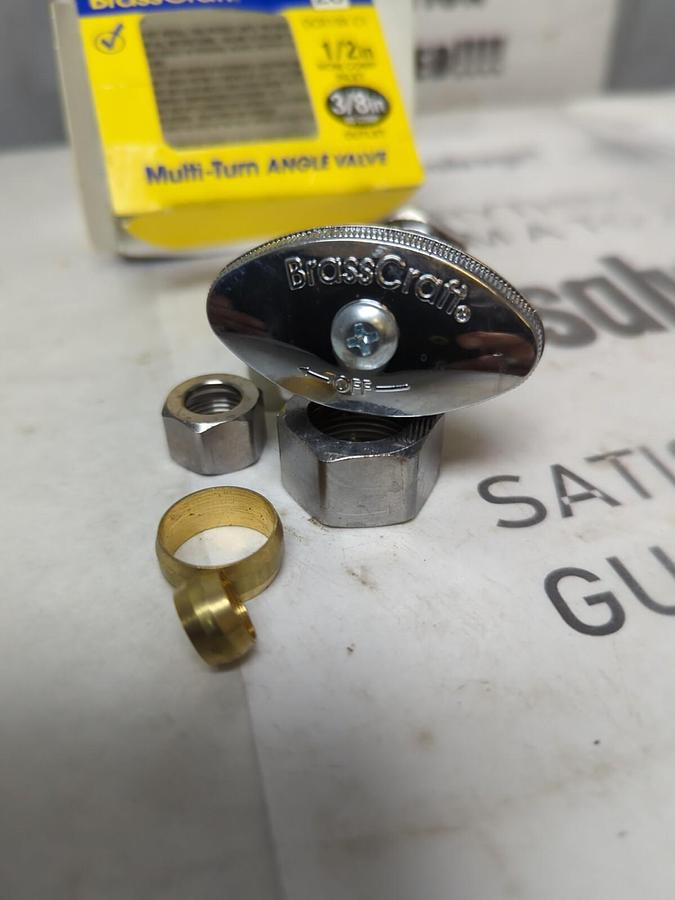 BRASS CRAFT,OCR19XC1,MULTI TURN ANGLE VALVE 1/2 IN INLET 3/8 IN OUTLET NOS