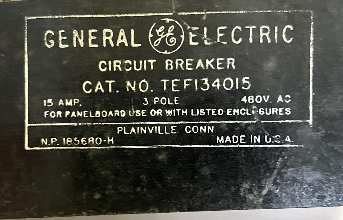Used GENERAL ELECTRIC,TEF134015,CIRCUIT BREAKER 15A 480V 3P