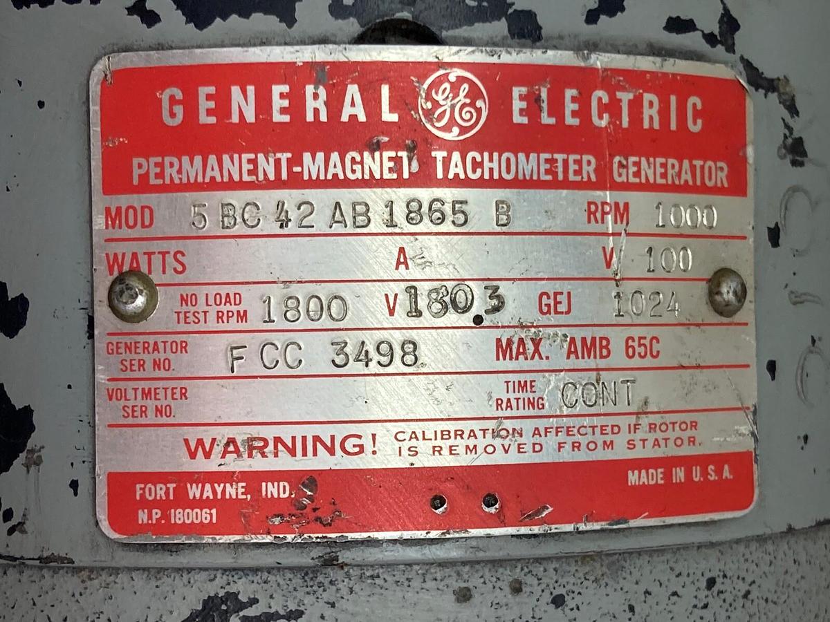 Used General Electric,5BC42AB1865B,Tachometer Generator 1000rpm 100v