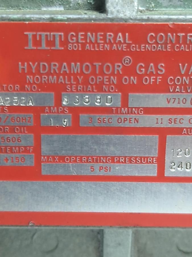 Used ITT GENERAL CONTROLS,AH14A252A,HYDRAMOTOR GAS VALVE120V 50/60HZ 1.5AMP