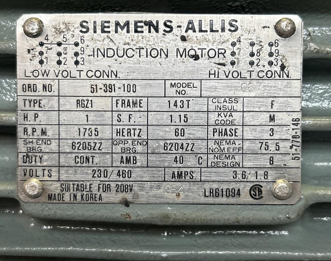 Used SIEMENS-ALLIS,067,INDUCTION MOTOR 1HP 1735RPM 230/460V 3PH 143T FRAME