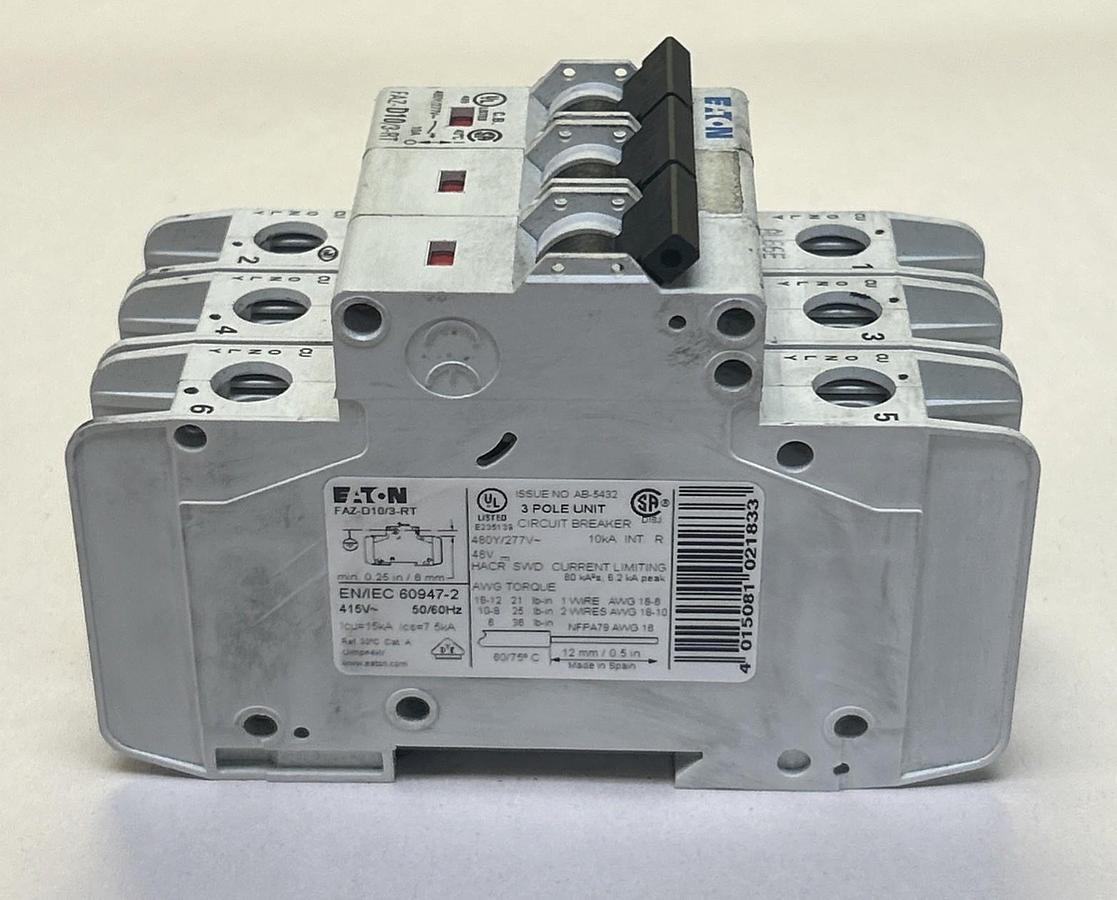 Used EATON,FAZ-D10/3-RT,CIRCUIT BREAKER 10A 480Y/277V 3P