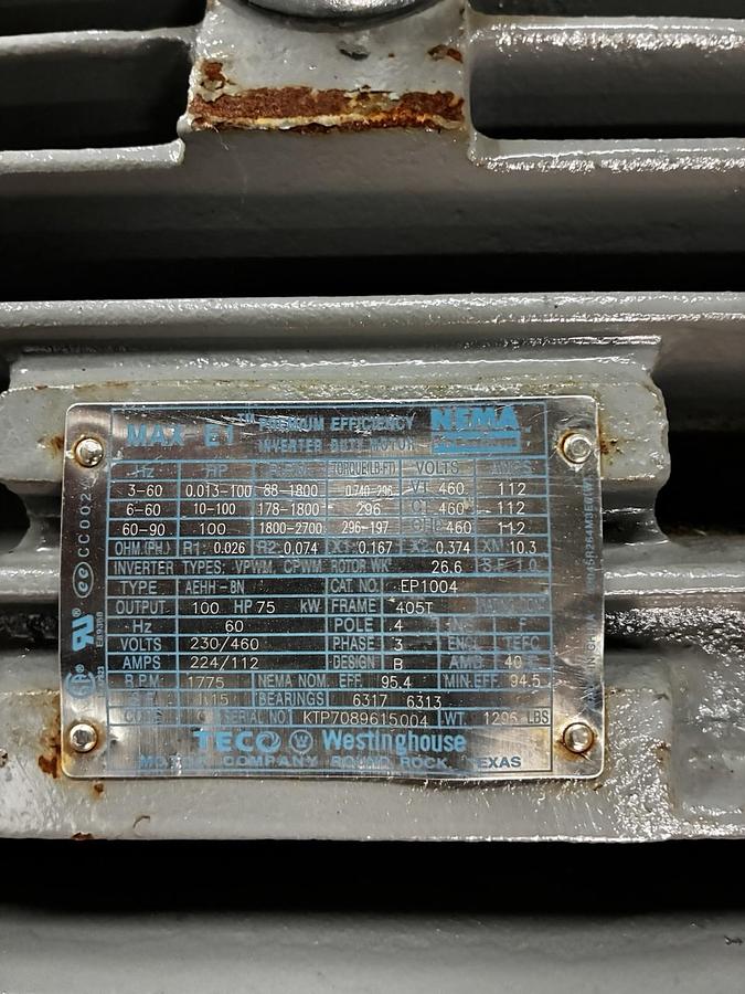 TECO-WESTINGHOUSE,EP1004,INVERTER DUTY MOTOR 100HP 230/460V 1775RPM 3PH 405T FR