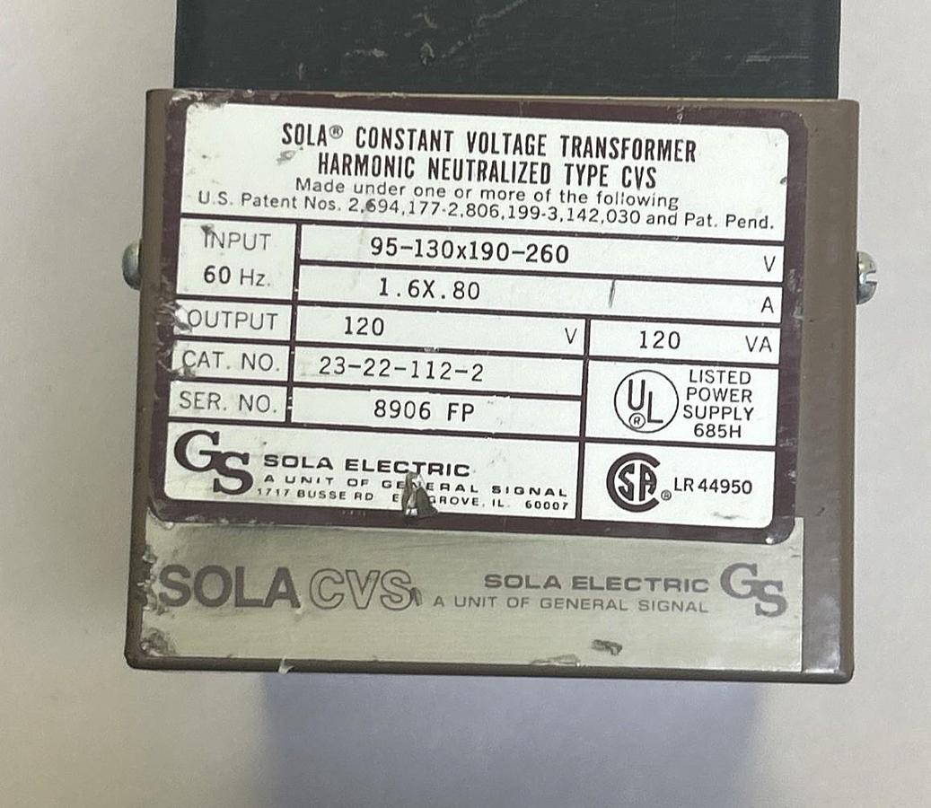 Used SOLA,23-22-112-2,CONSTANT VOLTAGE TRANSFORMER