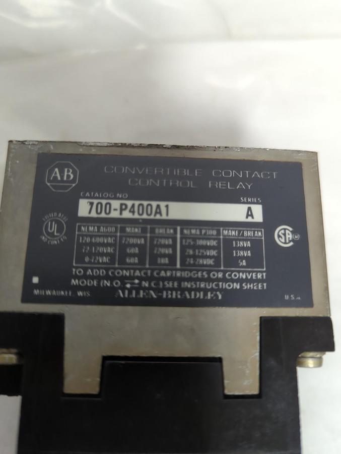Used ALLEN BRADLEY,700-P400A1,SERIES A CONVERTIBLE CONTACT CONTROL RELAY PRE-OWNED