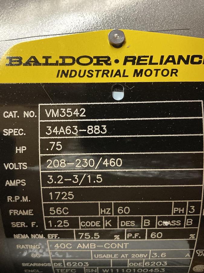 Baldor,VM3542,0.75HP Motor 1725RPM Frame 56C