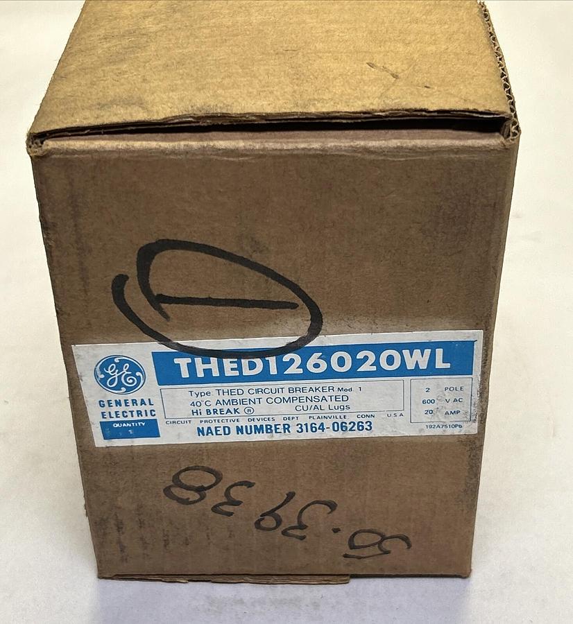Used GENERAL ELECTRIC,THED126020WL,CIRCUIT BREAKER 20A 600V 2P NEW