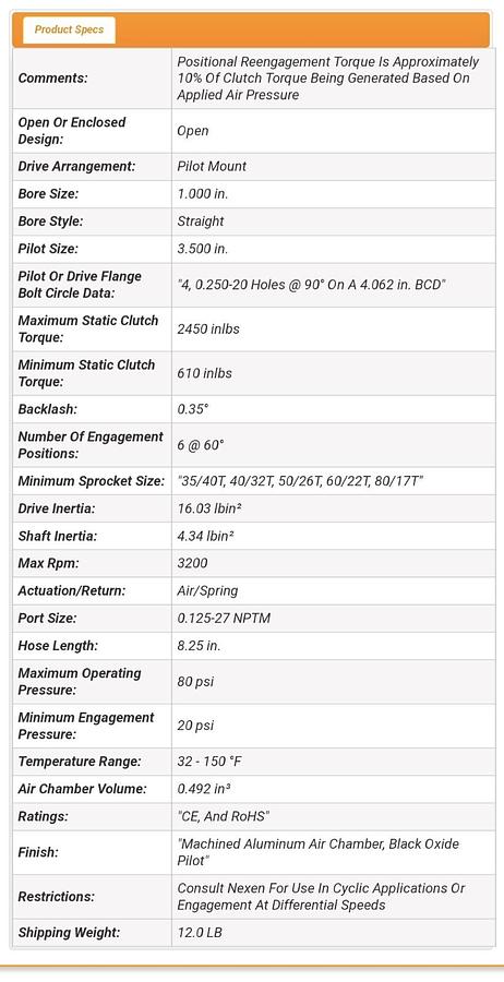 NEXEN,5H35PSP-1,1 INCHBORE PILOT SPL CLUTCH 912295