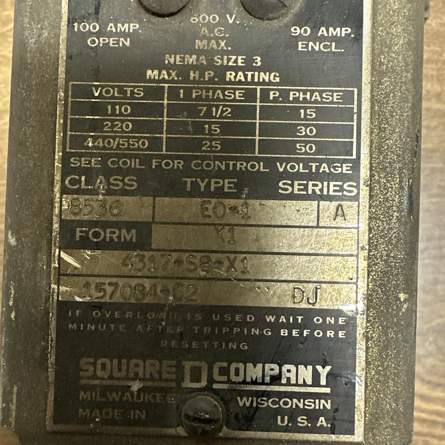 Used Square D,8536 E0-1,Series A Starter 600VAC 100A