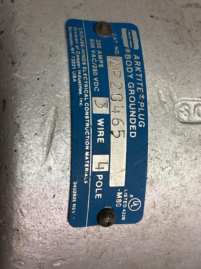 Used Crouse-Hinds,AP20465-M80,3-Wire Arktite Plug 200A 600V 4-Pole Style 2