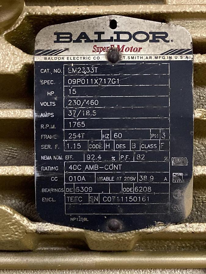 Used Baldor Reliance,EM2333T,3-Phase Super-E Motor 15 HP  230/460V 1765 RPM 254T