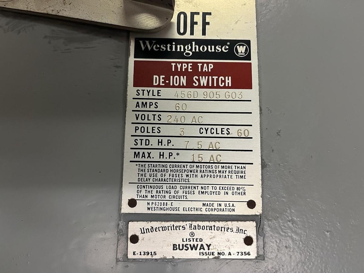 Used Westinghouse,TAP,BUSWAY BUS PLUG 60AMP 240V 3PH 456D-905-G03