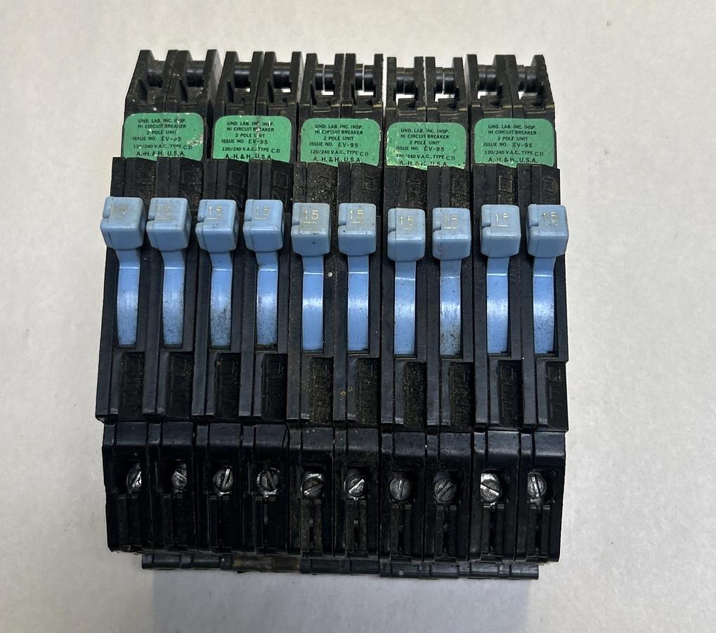 Used ARROW-HART,CB215,CIRCUIT BREAKER 15A 120/240V 2P LOT OF 5