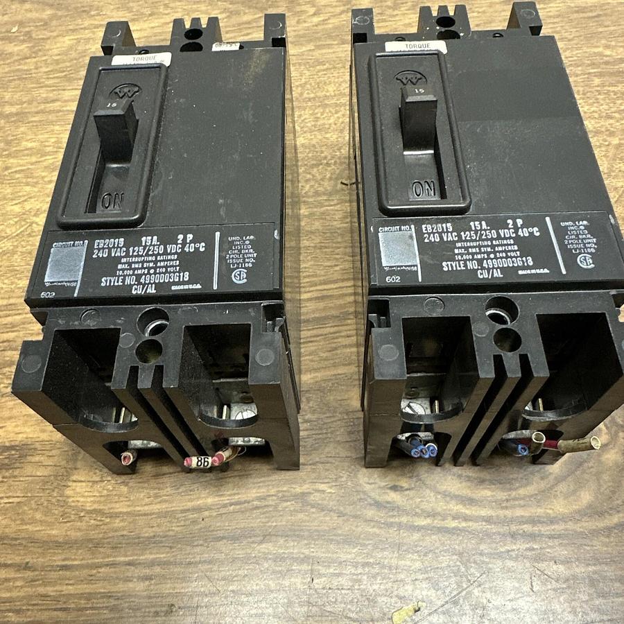 Used Westinghouse,EB2015,2 Pole 15A Circuit Breaker LOT of 2