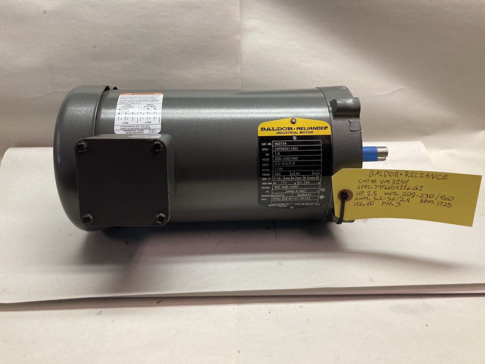 Baldor,VM3154,3-Phase Industrial Motor 1.5Hp 208-230/460V 1725RPM 56C Frame