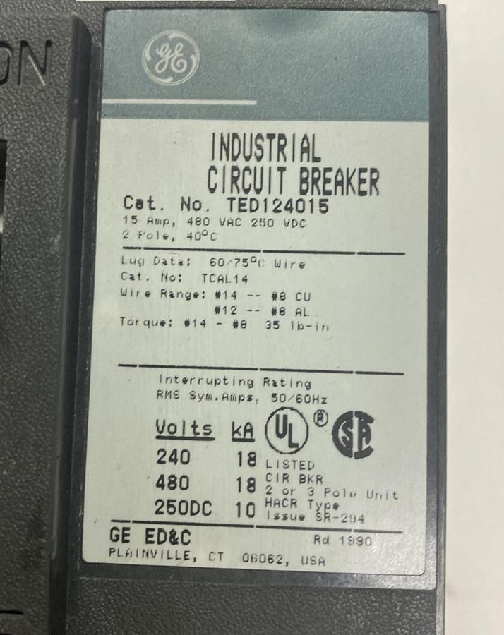 Used GENERAL ELECTRIC,TED124015,CIRCUIT BREAKER 15A 480V 2P LOT OF 2