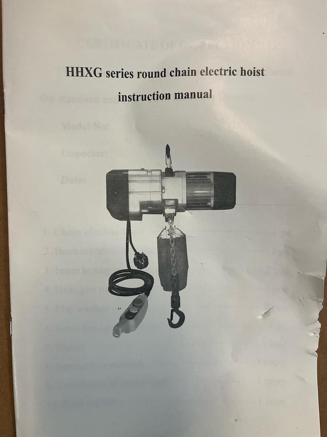 HHXG,HA1,ELECTRIC CHAIN HOIST 1 TON 120V 1PH 10FT LIFT