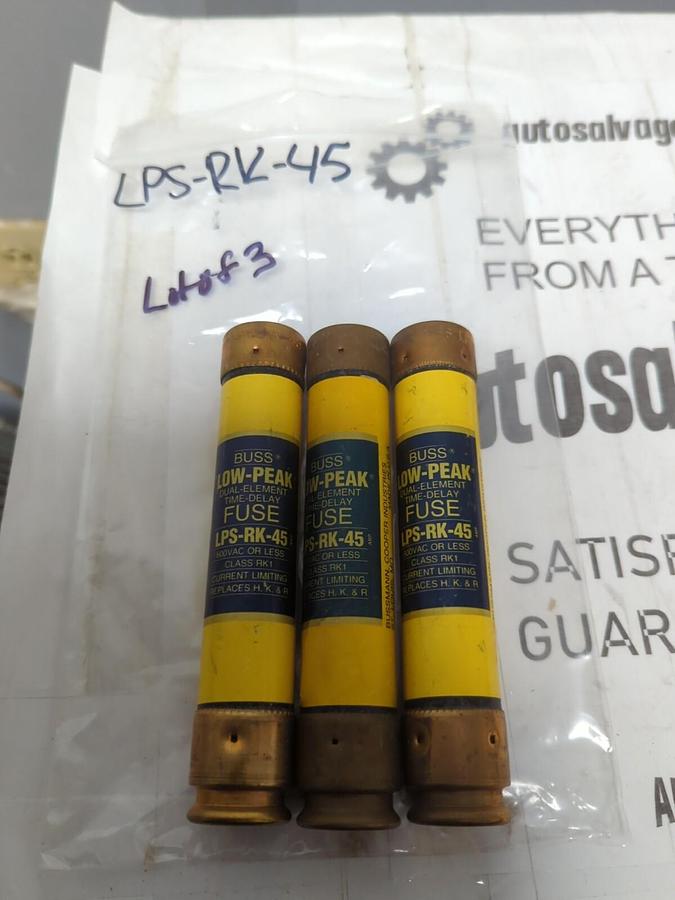 COOPER BUSSMANN,LPS-RK-45,LOW PEAK 45 AMP FUSES LOT OF 3 NOS
