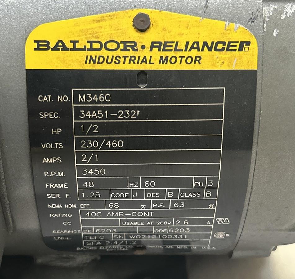 Used BALDOR,M3460,MOTOR 1/2HP 3450RPM 230/460V 3PH 48 FRAME