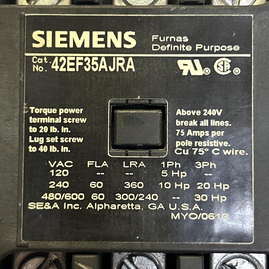 Used SIEMENS,42EF35AJRA,DEFINITE PURPOSE CONTACTOR