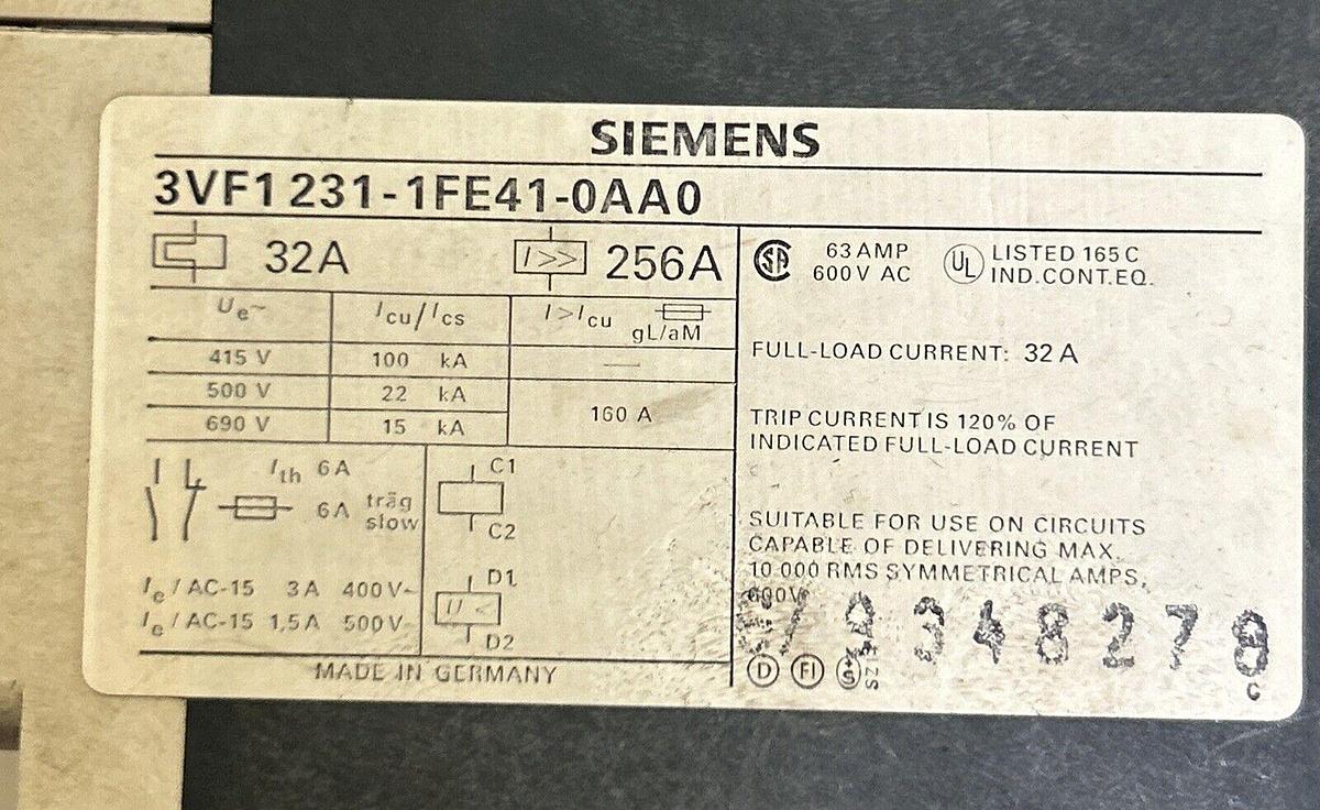 Used SIEMENS,3VF1231-1FEA1-0AA0,CIRCUIT BREAKER 32A 600V 3P