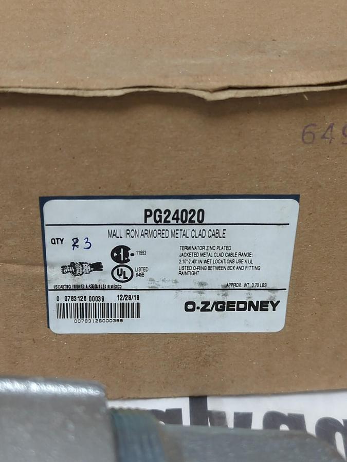 O-Z GEDNEY,PG 240-20,MALL IRON ARMORED METAL CLAD CABLE CONNECTORS BOX OF 3 NOS