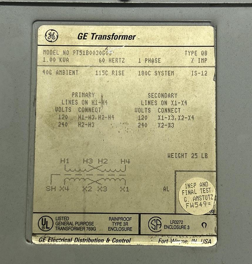 Used GENERAL ELECTRIC,9T51B0030G03,TRANSFORMER 1KVA 120/240VAC