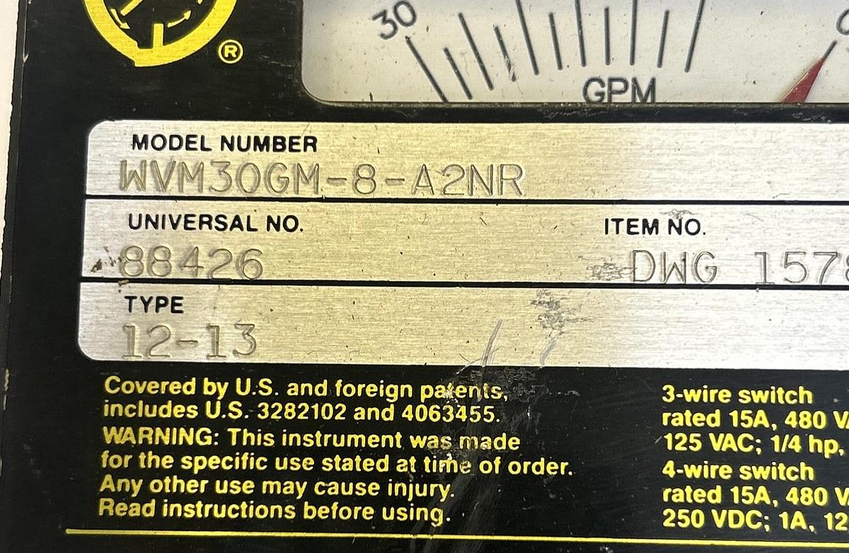 UNIVERSAL FLOW MONITORS,WVM30GM-8-A2NR,FLOW RATE INDICATOR NOS