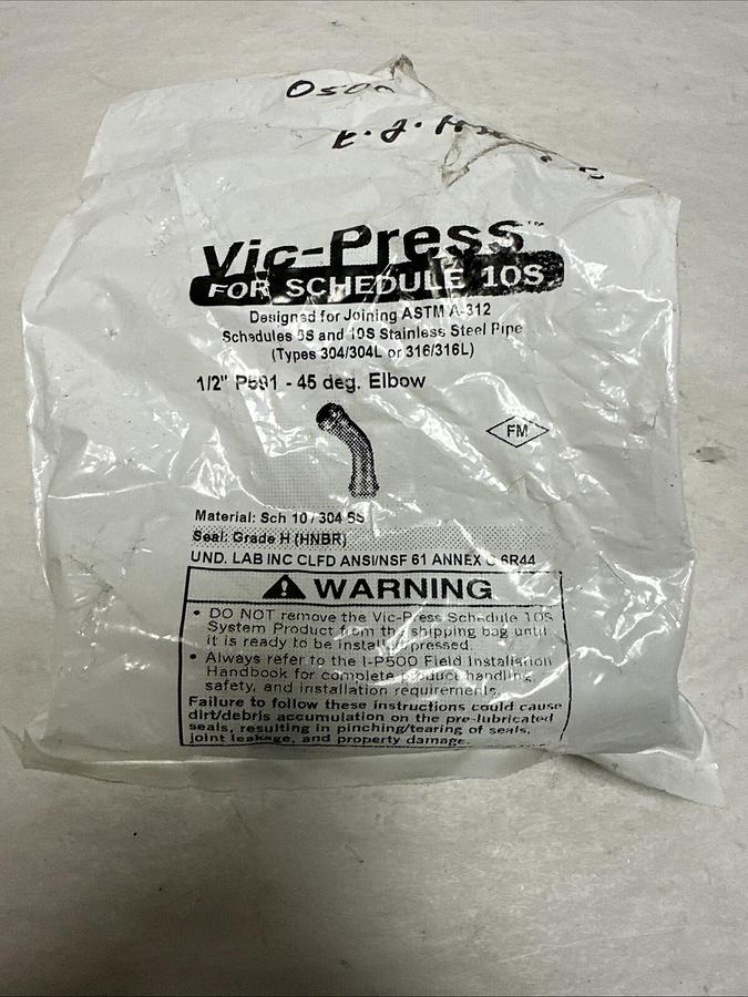 Used Vic-Press,P591,1/2" 45 Deg Elbow Sch 10/304SS