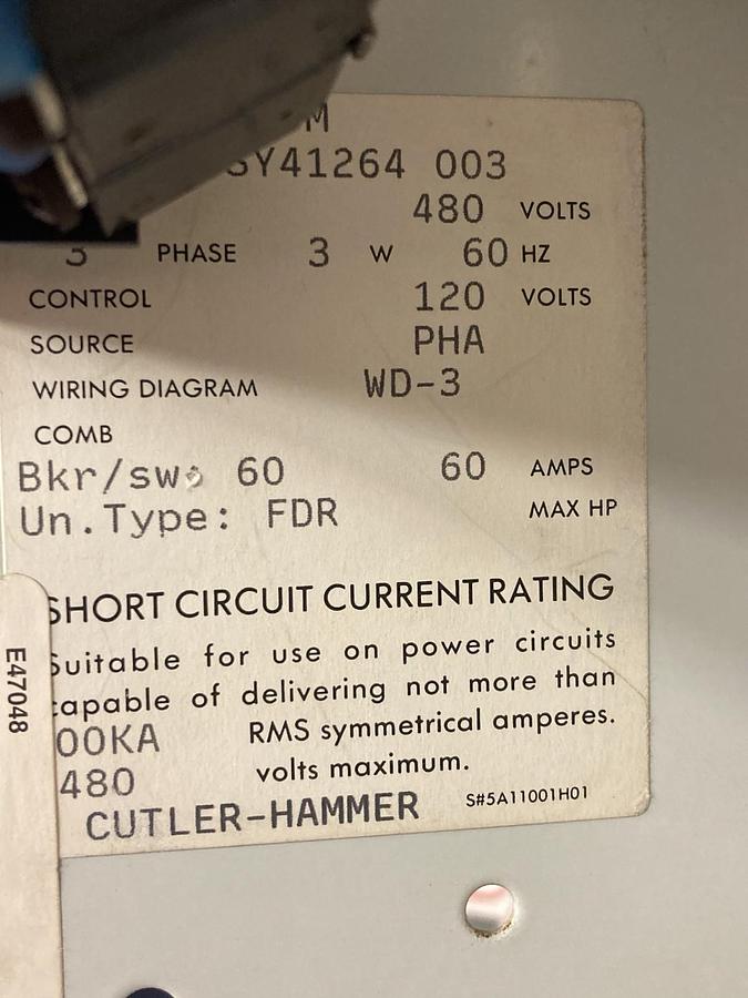 Used Cutler Hammer,60 Amps,12 INCH MCC Disconnect FUSED Feeder Bucket 60A 60Hz 480V