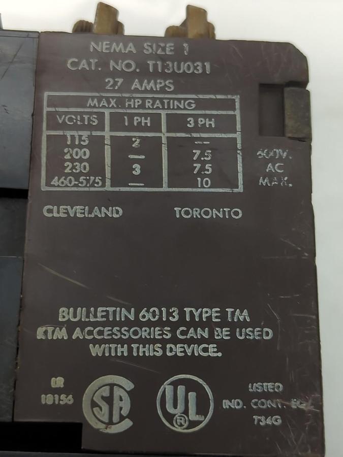 Used SYLVANIA,T13U31,MOTOR STARTER 27 AMP SIZE 1 PRE-OWNED