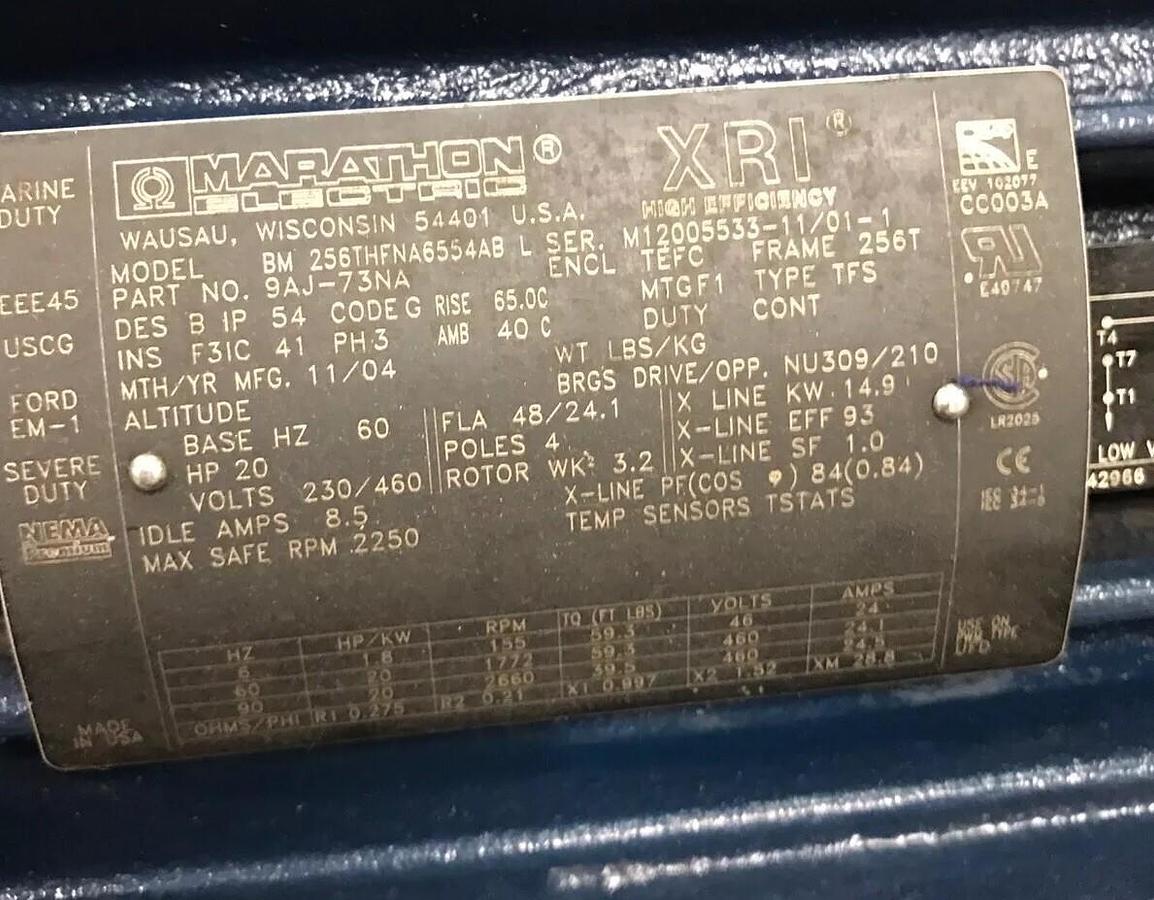 Marathon,256THFNA6554AB,20HP Severe Duty Motor 1755RPM 230/460V Frame 256T