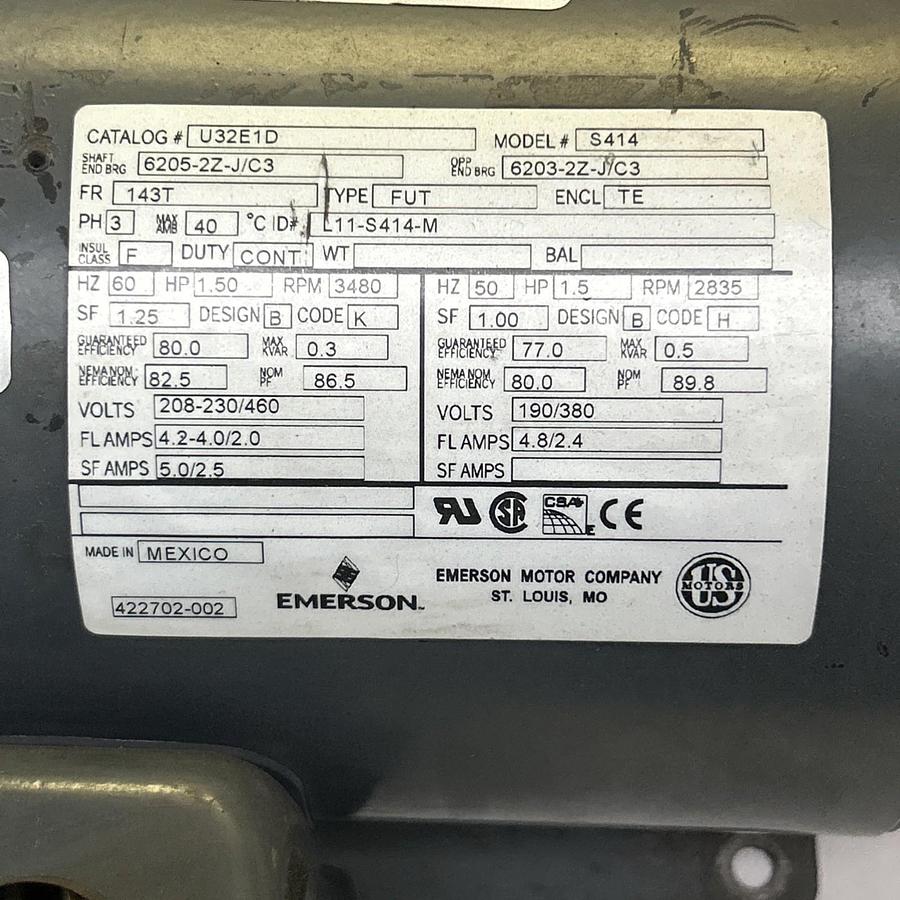 Used EMERSON,U32E1D,ELECTRIC MOTOR 1.5HP 143T FR 3PH 3480RPM 208-230/460V