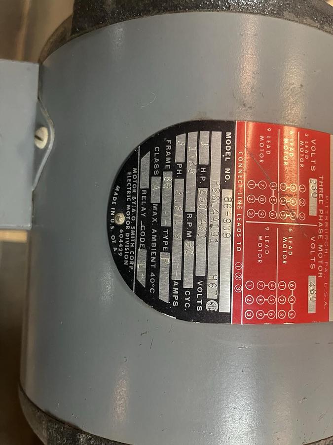 Used AO SMITH,86-909,DRILL PRESS MOTOR P66L4A1B1 1HP 1725RPM 3PH FR 66