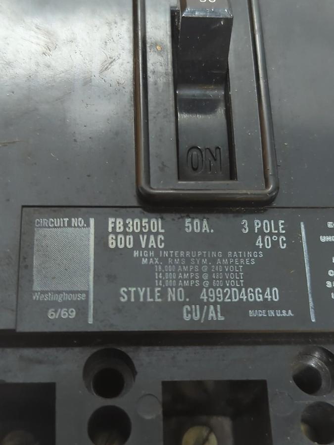 WESTINGHOUSE,FB3050L,CIRCUIT BREAKER 3-POLE 50 AMP NOS