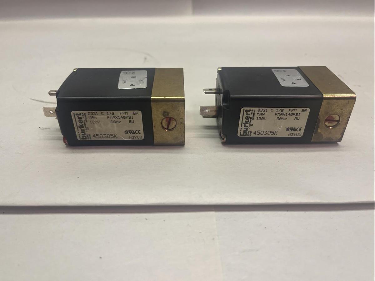 Used BURKERT,450305K,SOLENOID VALVE 120V 140PSI LOT OF 2