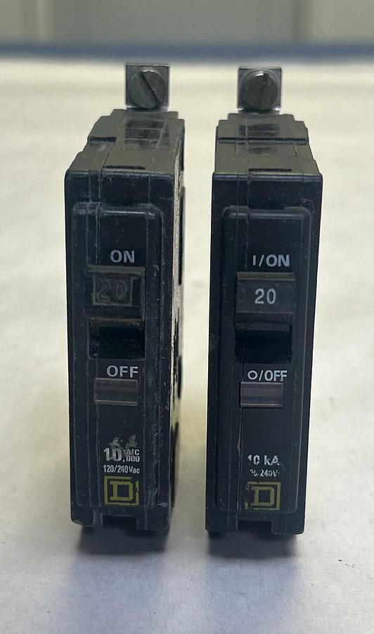 Used SQUARE D,QOB120,CIRCUIT BREAKER 20A 120/240V 1P LOT OF 2