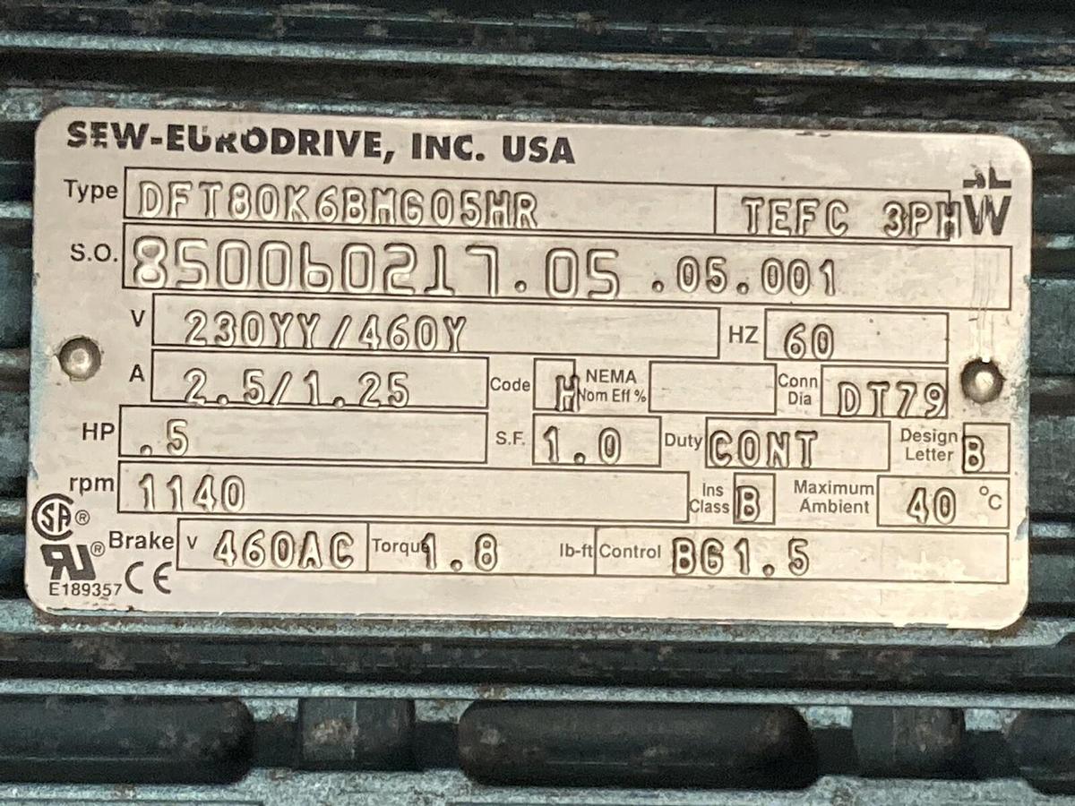 Used Sew-Eurodrive,DFT80K6BMG05HR,0.5 HP Gearmotor 1140 RPM 230YY/460Y Volts