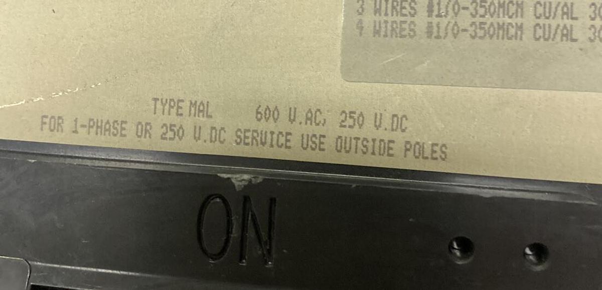 Used Square D,MAL366006462,Circuit Breaker 600AMP 600V 3 Pole