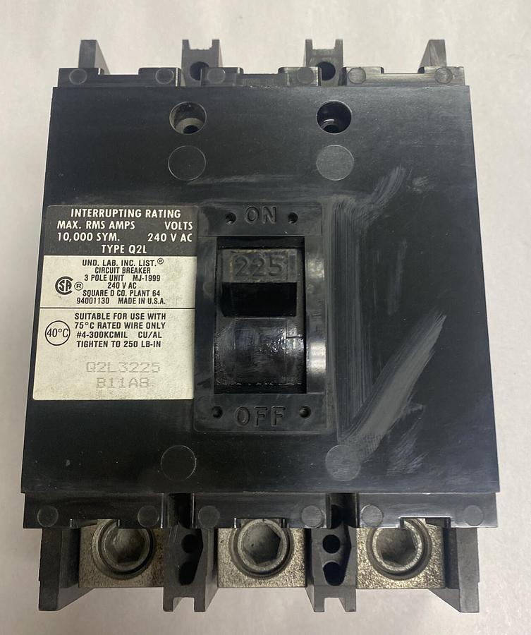 Square,D MJ-1999 Q2L3225B11AB,Circuit Breaker 225A 240V 3 Pole NOS