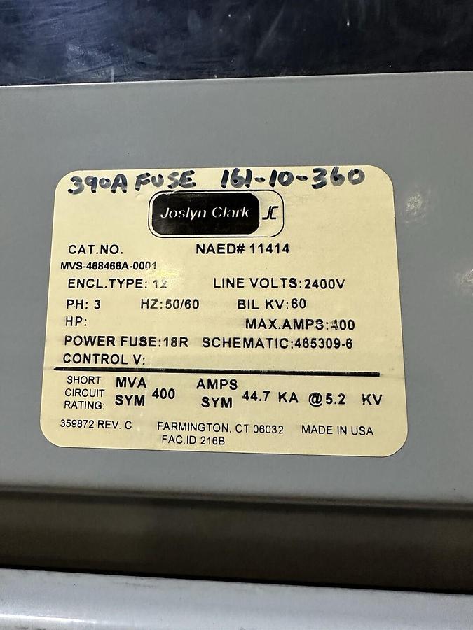 Used Joslyn Clark,2400V 400A MVS Motor Control Center MCC 1-125HP  2-150HP  w/ Main