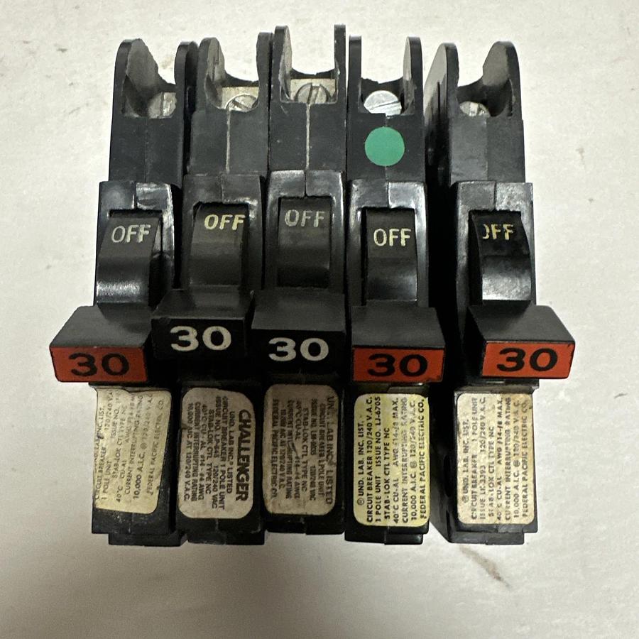 Used F.P.E.,NC030,30AMP Single Pole 120VAC Circuit Breaker LOT of 4