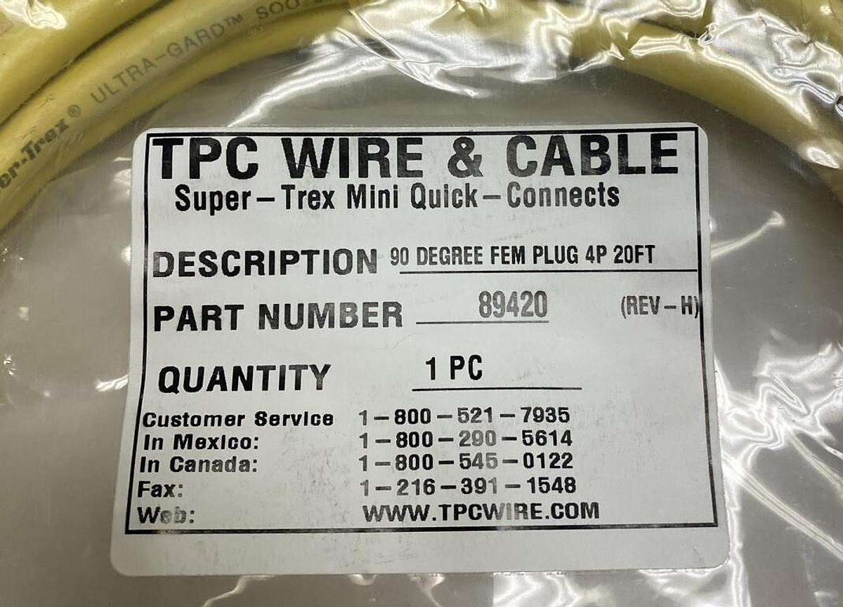 Used TPC Wire and Cable,89420,20Ft PLC Cable 4Pt 90deg FEM Plug NOS