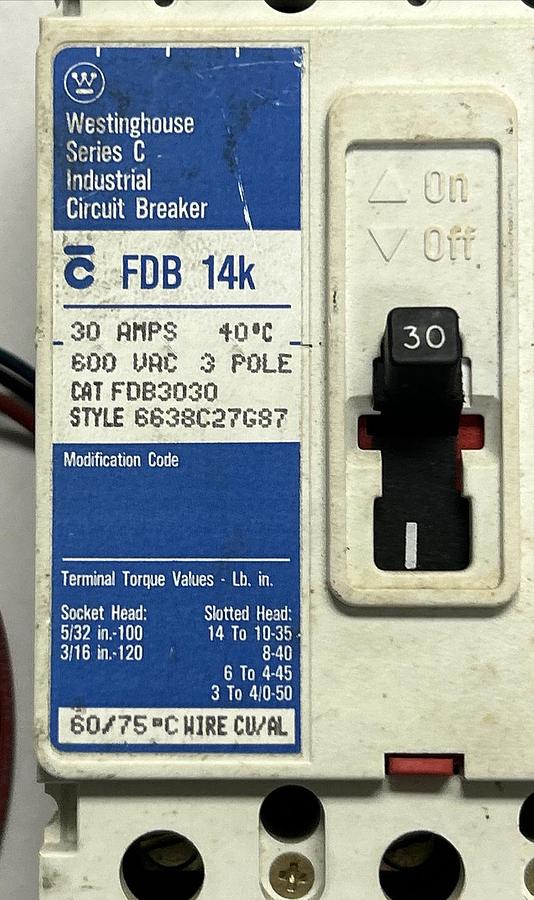 Used WESTINGHOUSE,FDB3030,CURCUIT BREAKER 30A 600V 3P