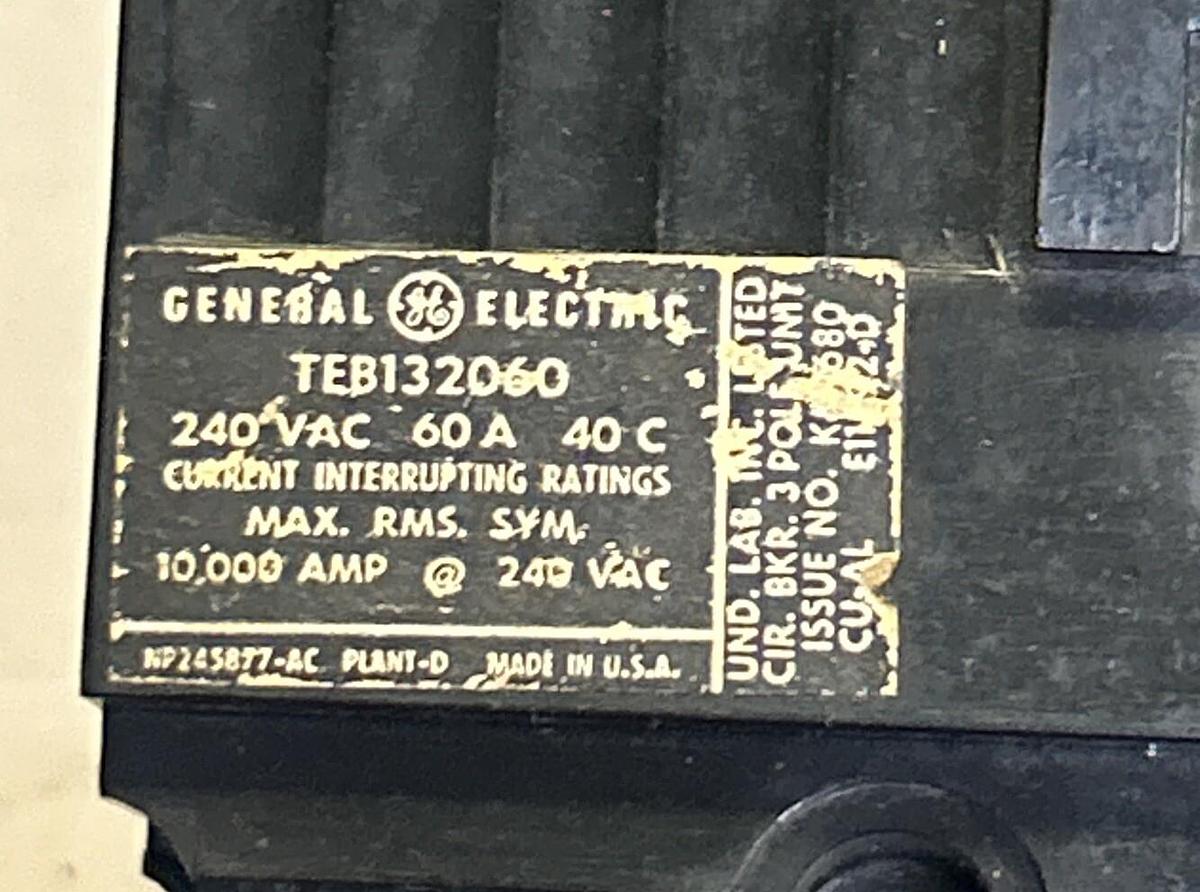 Used GENERAL ELECTRIC,TEB132060,CIRCUIT BREAKER 60A 240V 3P